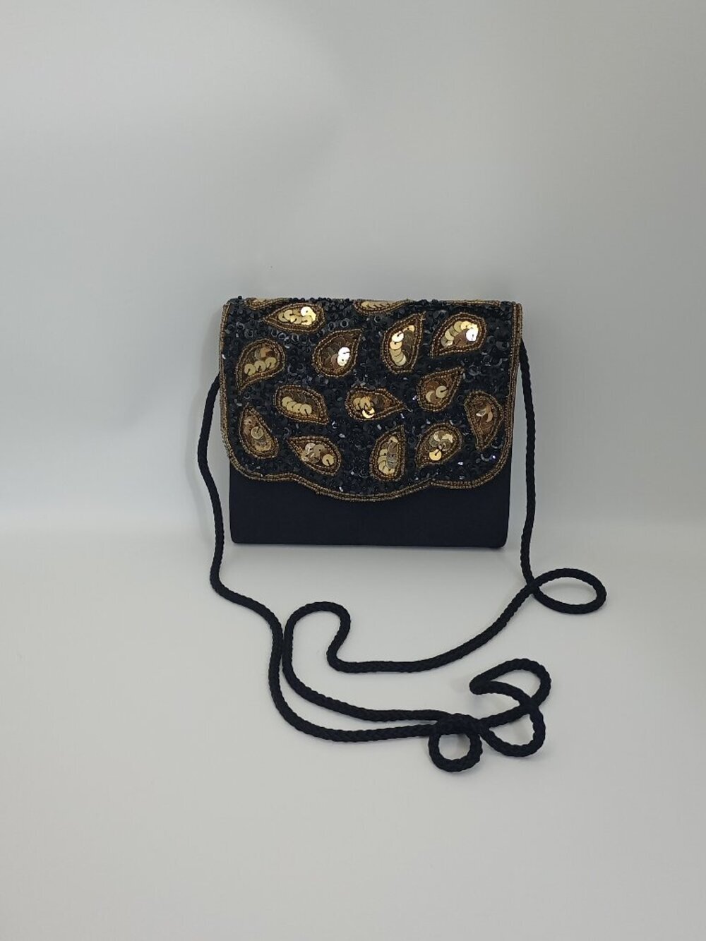 Vintage Black Satin Beaded Evening Bag Gold Sequin Clutch Crossbody Purse